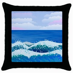 Illustration Landscape Sea Ocean Waves Beach Blue Throw Pillow Case (black) by Mog4mog4