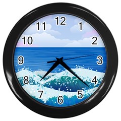 Illustration Landscape Sea Ocean Waves Beach Blue Wall Clock (black) by Mog4mog4