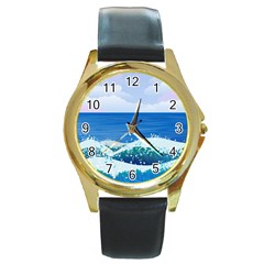 Illustration Landscape Sea Ocean Waves Beach Blue Round Gold Metal Watch by Mog4mog4