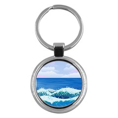 Illustration Landscape Sea Ocean Waves Beach Blue Key Chain (round) by Mog4mog4