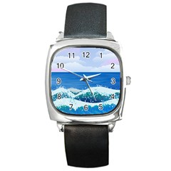 Illustration Landscape Sea Ocean Waves Beach Blue Square Metal Watch by Mog4mog4