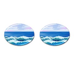 Illustration Landscape Sea Ocean Waves Beach Blue Cufflinks (oval) by Mog4mog4