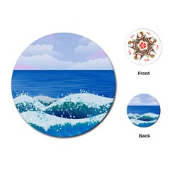 Illustration Landscape Sea Ocean Waves Beach Blue Playing Cards Single Design (round)