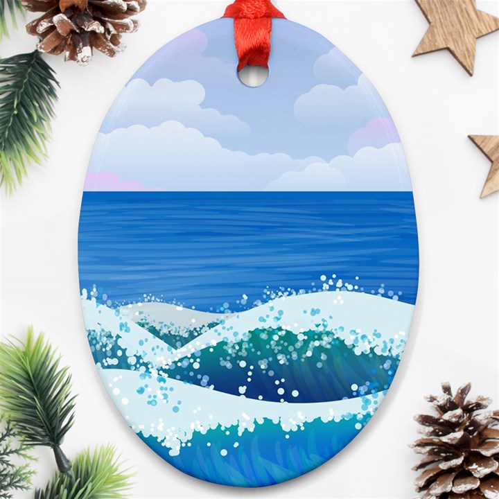 Illustration Landscape Sea Ocean Waves Beach Blue Oval Ornament (Two Sides)