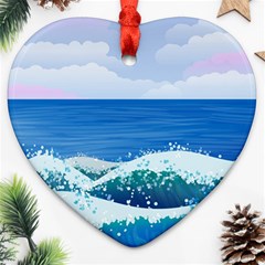 Illustration Landscape Sea Ocean Waves Beach Blue Heart Ornament (two Sides)