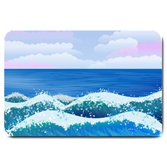 Illustration Landscape Sea Ocean Waves Beach Blue Large Doormat by Mog4mog4