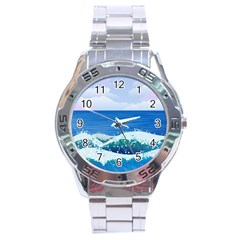 Illustration Landscape Sea Ocean Waves Beach Blue Stainless Steel Analogue Watch by Mog4mog4