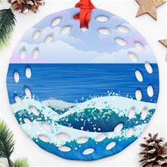 Illustration Landscape Sea Ocean Waves Beach Blue Round Filigree Ornament (two Sides) by Mog4mog4