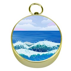 Illustration Landscape Sea Ocean Waves Beach Blue Gold Compasses by Mog4mog4