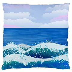 Illustration Landscape Sea Ocean Waves Beach Blue Large Premium Plush Fleece Cushion Case (two Sides) by Mog4mog4