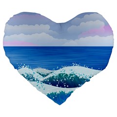 Illustration Landscape Sea Ocean Waves Beach Blue Large 19  Premium Flano Heart Shape Cushions by Mog4mog4