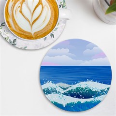 Illustration Landscape Sea Ocean Waves Beach Blue Uv Print Round Tile Coaster by Mog4mog4