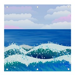 Illustration Landscape Sea Ocean Waves Beach Blue Banner And Sign 4  X 4  by Mog4mog4