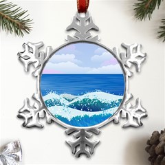 Illustration Landscape Sea Ocean Waves Beach Blue Metal Small Snowflake Ornament by Mog4mog4