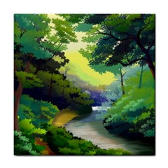 Landscape Illustration Nature Forest River Water Tile Coaster by Mog4mog4