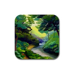 Landscape Illustration Nature Forest River Water Rubber Square Coaster (4 Pack) by Mog4mog4