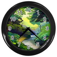 Landscape Illustration Nature Forest River Water Wall Clock (black) by Mog4mog4