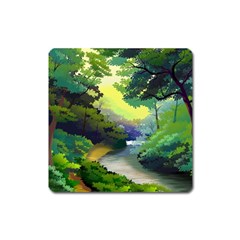 Landscape Illustration Nature Forest River Water Square Magnet by Mog4mog4