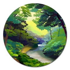 Landscape Illustration Nature Forest River Water Magnet 5  (round) by Mog4mog4