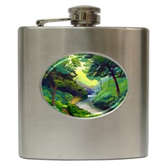 Landscape Illustration Nature Forest River Water Hip Flask (6 Oz) by Mog4mog4