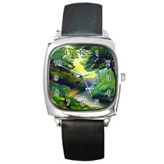 Landscape Illustration Nature Forest River Water Square Metal Watch by Mog4mog4