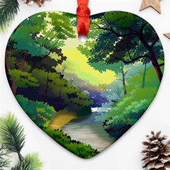 Landscape Illustration Nature Forest River Water Heart Ornament (two Sides)