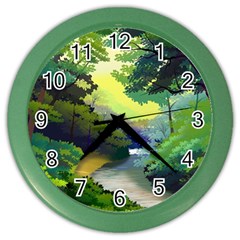 Landscape Illustration Nature Forest River Water Color Wall Clock by Mog4mog4