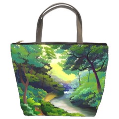 Landscape Illustration Nature Forest River Water Bucket Bag by Mog4mog4