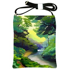 Landscape Illustration Nature Forest River Water Shoulder Sling Bag by Mog4mog4