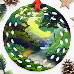 Landscape Illustration Nature Forest River Water Ornament (round Filigree)