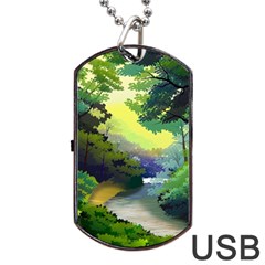 Landscape Illustration Nature Forest River Water Dog Tag Usb Flash (one Side) by Mog4mog4