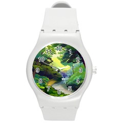 Landscape Illustration Nature Forest River Water Round Plastic Sport Watch (m) by Mog4mog4