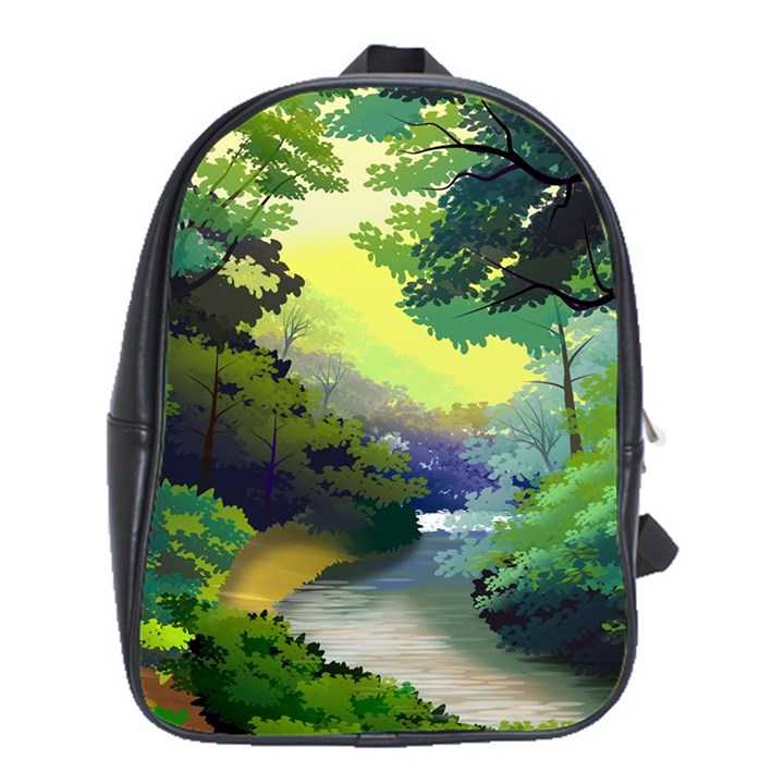 Landscape Illustration Nature Forest River Water School Bag (XL)