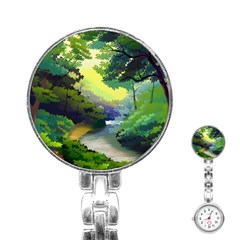 Landscape Illustration Nature Forest River Water Stainless Steel Nurses Watch by Mog4mog4