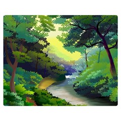 Landscape Illustration Nature Forest River Water Two Sides Premium Plush Fleece Blanket (medium) by Mog4mog4