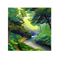 Landscape Illustration Nature Forest River Water Square Satin Scarf (30  X 30 ) by Mog4mog4