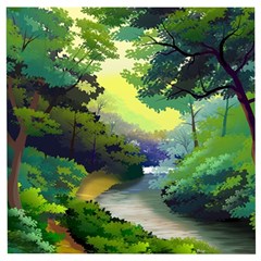 Landscape Illustration Nature Forest River Water Wooden Puzzle Square by Mog4mog4