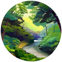 Landscape Illustration Nature Forest River Water Wooden Puzzle Round by Mog4mog4