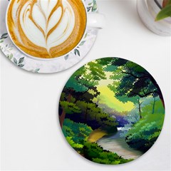 Landscape Illustration Nature Forest River Water Uv Print Round Tile Coaster by Mog4mog4