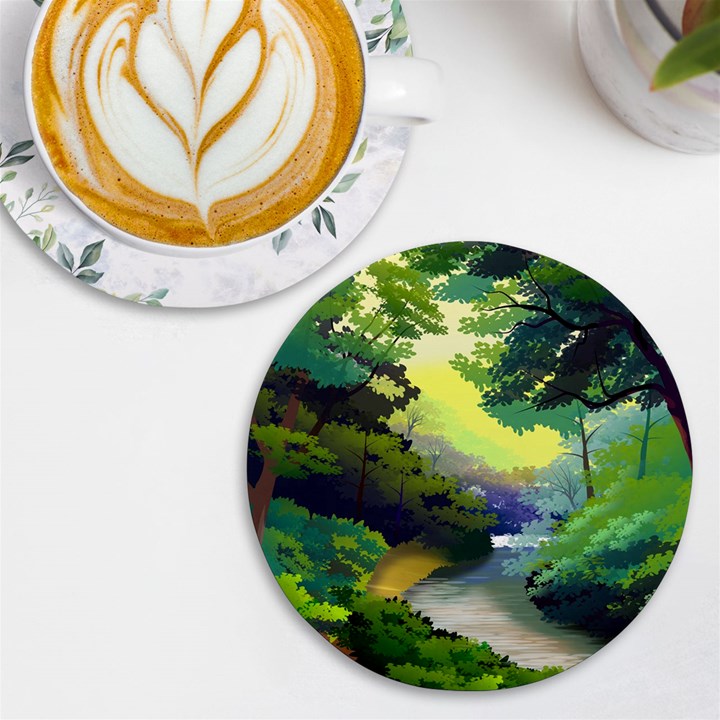 Landscape Illustration Nature Forest River Water UV Print Round Tile Coaster