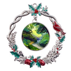 Landscape Illustration Nature Forest River Water Metal X mas Wreath Holly Leaf Ornament by Mog4mog4