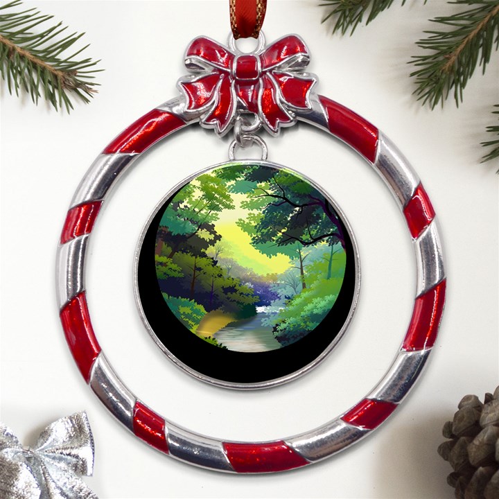 Landscape Illustration Nature Forest River Water Metal Red Ribbon Round Ornament