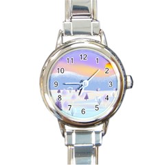 Vector Winter Landscape Sunset Evening Snow Round Italian Charm Watch