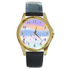 Vector Winter Landscape Sunset Evening Snow Round Gold Metal Watch