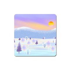 Vector Winter Landscape Sunset Evening Snow Square Magnet