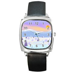 Vector Winter Landscape Sunset Evening Snow Square Metal Watch