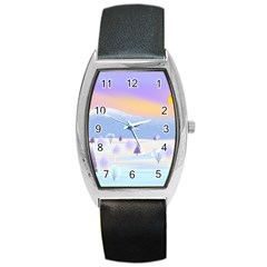 Vector Winter Landscape Sunset Evening Snow Barrel Style Metal Watch