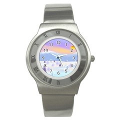 Vector Winter Landscape Sunset Evening Snow Stainless Steel Watch