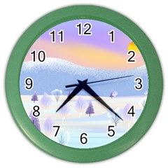 Vector Winter Landscape Sunset Evening Snow Color Wall Clock