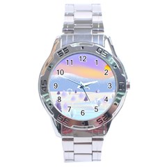 Vector Winter Landscape Sunset Evening Snow Stainless Steel Analogue Watch